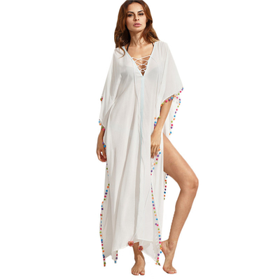 Bohemian White Lace-up Long Summer Beach Cover Up Dress with Split